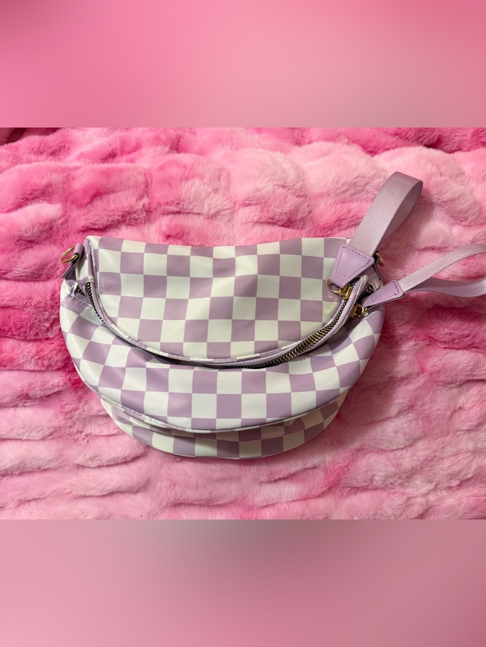 Checkerboard Lavender Crescent Shoulder Bag - Women